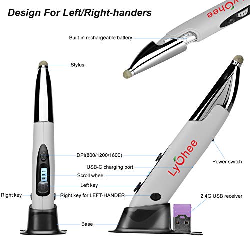 Lychee Pocket Pen Mouse Rechargeable, Left/Right-Handed Optical Ergonomic Mouse With Bluetooth And Stylus Function (Grey) #TOP2