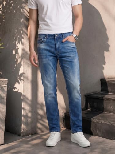 Image of The Indian Garage Co Men Regular Fit Solid Mid-Rise Stretchable Jeans
