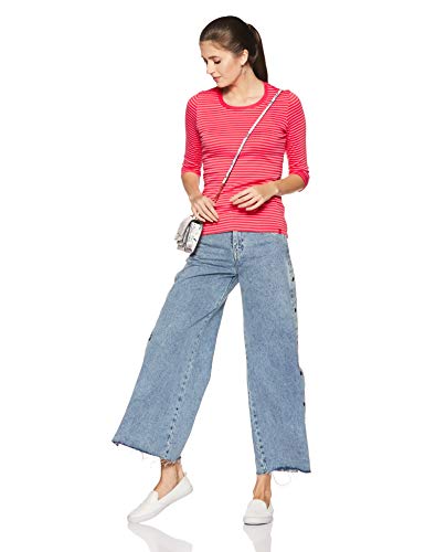 Image of Jockey 1360 Women's Super Combed Cotton Elastane Stretch Slim Fit Striped Round Neck Three Quarter Sleeve T-Shirt