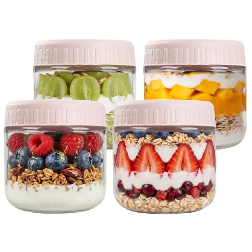 SHOWIN Overnight Oats Containers with Lids, 10oz Glass Jars with Lids 4 pcs, Pink, Wide Mouth Mason jars for Salad, Yogurt, Snacks, Meal Prep