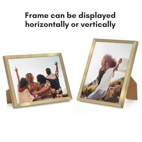 Americanflat 8x10 Picture Frame with Shatter-Resistant Glass - Streamline Collection - Thin Border Picture Frame for Tabletop and Wall Display - Hanging Hardware and Easel Stand Included - Gold