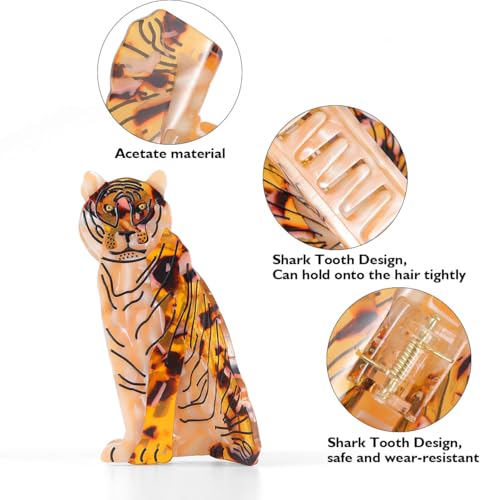 Tiger Design Hair Claw Clip,Animal Acetate Material Hair Accessory for Women Girls Gift, Tortoise Shell Pattern, 1.77 x 3.7 Inches