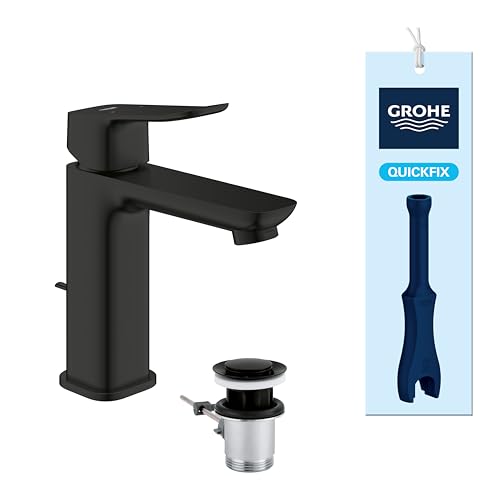 GROHE Dice, Waschtischarmatur, wassersparend (Wasserhahn für das Bad, Badarmatur mit Zugstangen-Ablauf, 17cm hoch, mit 3in1 Werkzeug, einfache Installation am Waschbecken), mattschwarz, 1018322430