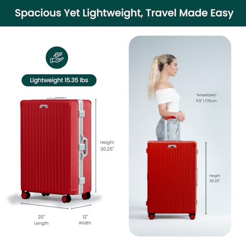 Nobl Travel Zipperless Check In Suitcase - Aluminum Frame, Check In luggage 30.2x20x12 Airline Approved by Noble Travel - Unbreakable Polycarbonate Shell - Dual TSA Locks, 360° Spinner Wheels - Red3
