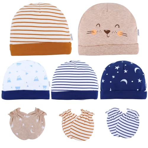 Image of DOKMA Organic Cotton Baby Mittens and Caps Set - Mittens for Newborn 0-6 Months - Ultra Soft, No Scratch - 5 Caps x 3 Mittens