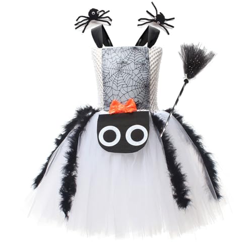 IBAKOM Girls Witch Costume Spider Ruffle Tulle Dress with 1 Pair Hair Clips and Broom Kids Spider Fancy Dress Up Outfit for Carnival Masquerade Party White 8-9Y