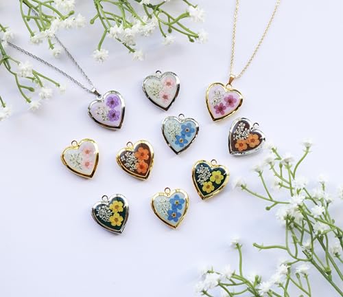 Handmade Heart Shaped Dried Pressed Forget Me Not Flower Photo Locket Pendant Necklace2