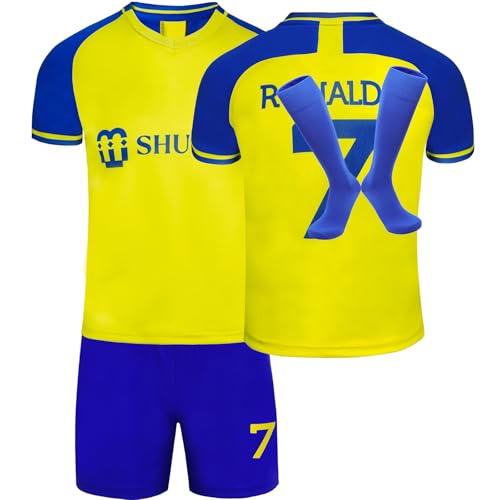 Soft Gardin No #7 Ronaldo Home Football Soccer Jersey/Shorts Socks Gift Set Youth Sizes (Blue/Yellow, 26).