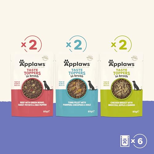 Applaws Premium Natural Nassfutter für Hunde, getreidefreie Auswahl an Fleisch und Fisch in Brühe, Topping für Hunde 6 x 85g Packung