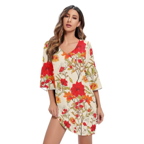 Robe col V imprimé fleurs rouge vintage élégante pour fête