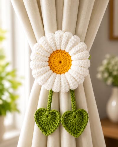 Sehura Big Size Handmade Crochet Daisy Curtain Tieback for Home Décor | Aesthetic Floral Curtain Holder Tie Back for Living Room, Bedroom & Balcony Curtains | Korean Style Handmade Curtain Accessories