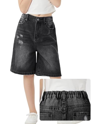 Image of Girls Shorts Elastic Waist Jorts Denim Jean Shorts Ripped Knee Length Bermuda Shorts for Kids Teen Girls Summer