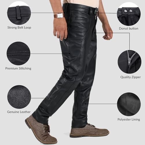 Laverapelle Men's Genuine Lambskin Leather Pants (Black, Leather Trousers) - 23040053