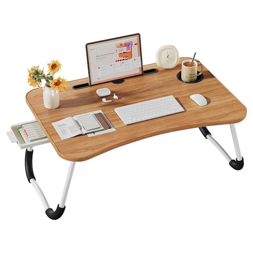 Lap Desk Bed Trays for Eating and Laptops Breakfast in Bed Tray for Sofa/Couch/Study/Reading/Writing with Cup Holder/Drawer On Low Sitting Floor Large Portable Foldable (Walnut Beige)