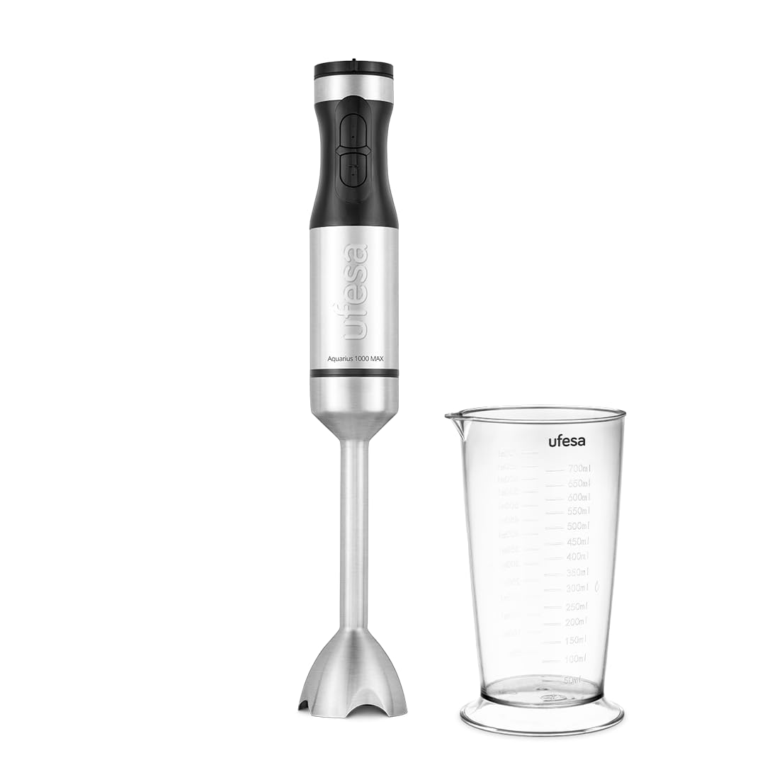 Ufesa Batidora de Mano Aquarius 1000W, Función Turbo, Control de Velocidad Variable, 4 Cuchillas de Alta Eficacia, Pie Desmontable de Acero Inoxidable, Diseño Ergonómico, Antisalpicaduras, Vaso 700ml