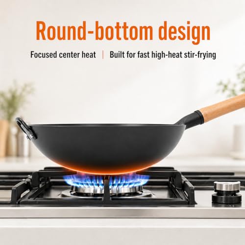 Image of WANGYUANJI 14.2 Inch Round Bottom Carbon Steel Wok, Nitrided Iron Chinese Stir Fry Pan for Gas Wok Burner, Wok Ring Needed for Flat Gas Grates, Wooden Handle