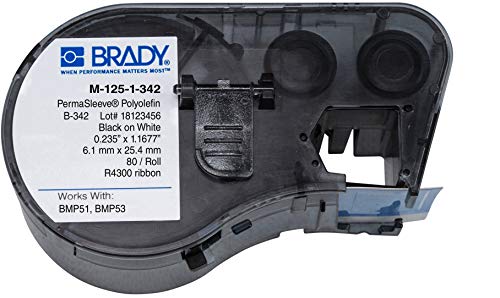 Brady M-125-1-342 Polyolefin B-342 Black On White Label Maker Cartridge, 15/64" Width X 1-1/64" Height, For Bmp51/Bmp53 Printers #TOP11