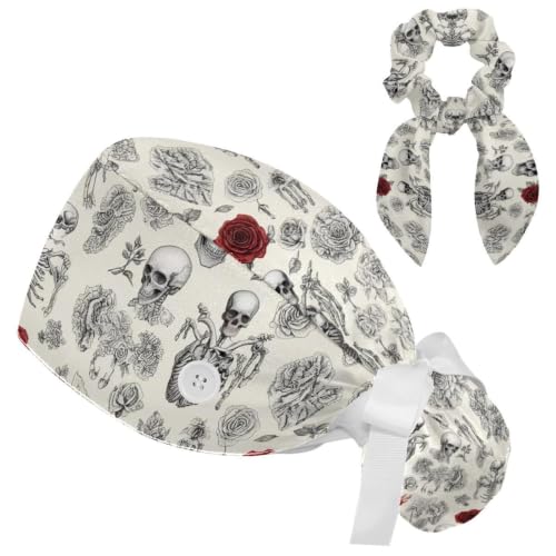 Image of Colored Butterflies Scrub Caps Women Ponytail, Adjustable Bouffant Surgical Caps with Button, Nurse Hats Long Hair
