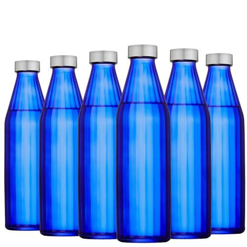 Image of SAND DUNE Navy BlueColour Glass water bottle, 800 ml Each, Set of 6, with Leak-Proof Airtight Stainless-Steel Lid for Water, Smoothie, Juices - Reusable Travel Glass Drinking Fridge Bottles