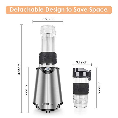Blender, Aicok Personal Smoothie Blender, Stainless Steel Single Serve Blender, with 21 oz BPA Free Portable Travel Sports Bottle with Extra Travel Lid, 300W, Silver