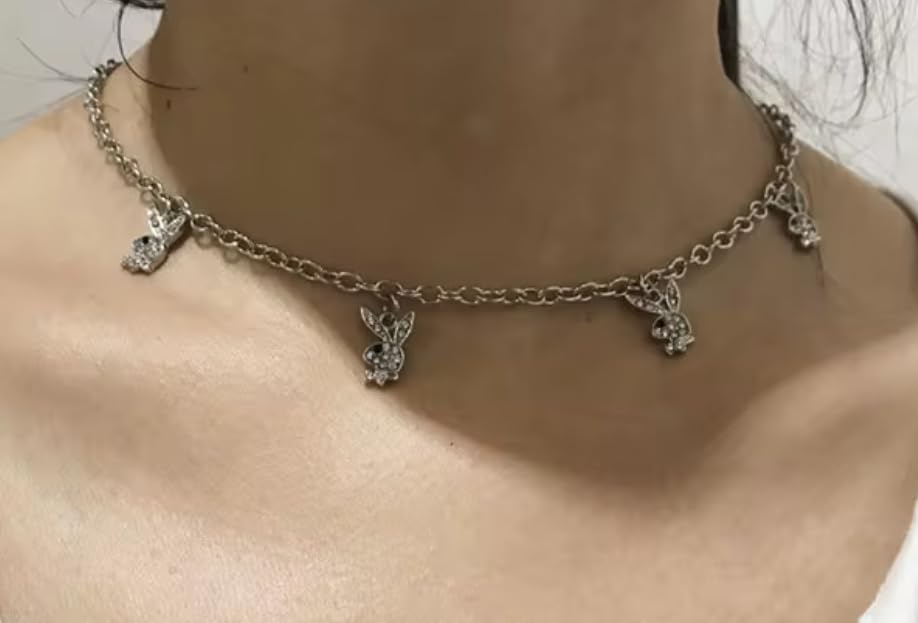 Cute Bunny Charm Necklace for Women Girls Silver Chain Choker with White and White Rhinestone Animal Pendants Kawaii Jewelry Gift for Bunny Lovers3