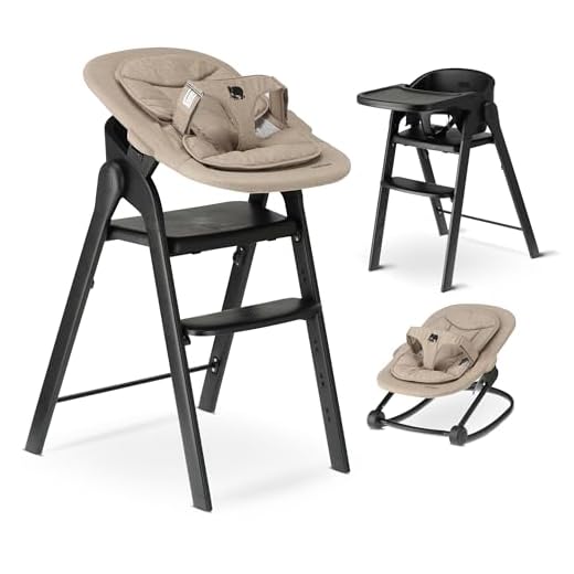 DERYAN Hochstuhl Baby & Kleinkind – Faltbarer Mitwachsender Holzhochstuhl – Inklusive 5 Punkt Gurt - Höhenverstellbar & Klappbar – Inkl. Sicherheitsgurt & Tablett – Schwarz mit Nougat-Wippe
