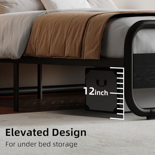 Image of Full Size Bed Frame, Wood Headboard and Footboard, LED Lights, Black | Metal Platform with Heavy Duty Metal Slats Support /12 in Under-Bed Storage /Noise-Free /No Box Spring Needed /Easy Assembly