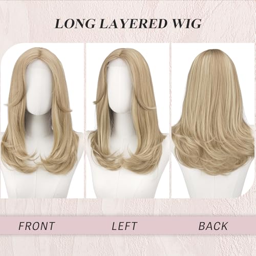 Image of FESHFEN Lace Front Hairline Wigs with Bangs, Synthetic Natural Looking Long Layered Straight Hair Wig for Women Daily Party Costume, 18 inch Blonde Highlights