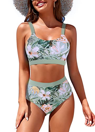 Image of Womens High Waisted Bikini Sets Sporty Crop Top Color Block Swimwear Bandeau Scoop Neck Vintage Two Piece Bathing Suits