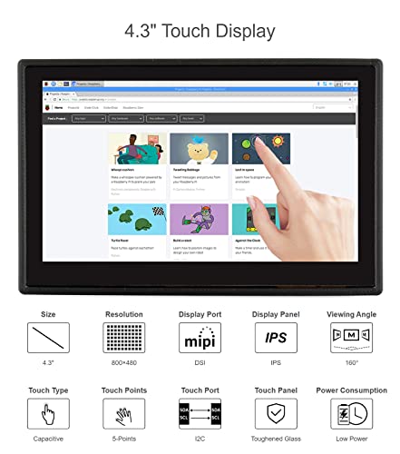 Image of Waveshare 4.3 Inch Touch Screen DSI LCD with Case for Raspberry Pi 4B, 800x480 Resolution Monitor IPS Capacitive Screen Support Raspbian /Ubuntu /Kali /Retropie /WIN10 IoT