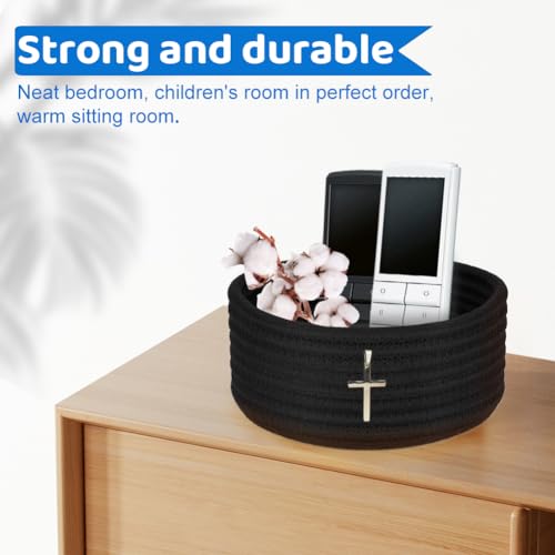 Image of 2 Pack Cross Decor Small Woven Baskets, Cute Mini Storage Bins for Nursery, Shelf and Home Decor(Jet Black-Cross)