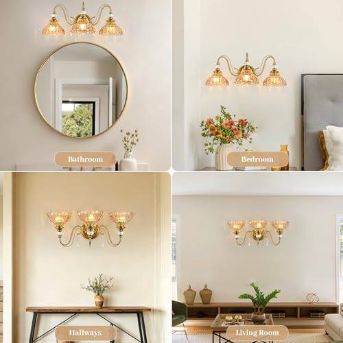 Image of Vintage Bathroom Vanity Light, 3-Light Brushed Gold Finish Wall Sconce with Hanging Crystal Accents and Flower-Shaped Amber Glass Shades, Retro Wall Mount Vanity Light Over Mirror for Bathroom