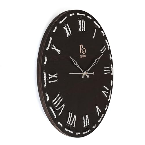 Image of Wooden Round Shape Roman Dial Wall Clock with Silver Hand and Silver Zari Rope Detailing | Stylish Silent Quartz Movement Anti Reflection Analog Vintage Clock for Home (Black, 15.5 Inch)