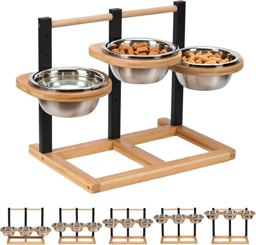 Optyuwah Ciotola per cani rialzata, 5 altezze regolabili con 3 ciotole in acciaio inox da 1400 ml e legno rialzato per cani di taglia grande