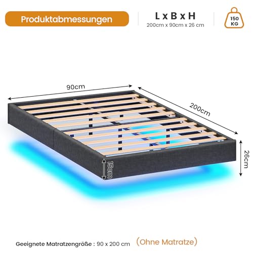 Brinlawb Bett 90x200 mit Lattenrost aus Holz, Bettgestell 90 x 200 cm mit LED Beleuchtung, Gästebett Jugendbett 90x200 cm Einzelbett Schwebebett mit Grauem Leinen, perfekt für Schlafzimmer Gästezimmer