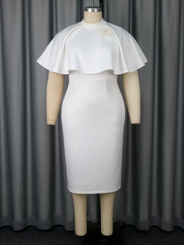 AOMEI Women Vintage White Cape Sleeve Work Office Sheath Midi Dress Stand Collar Business Party Dresses with Pearl Flower3