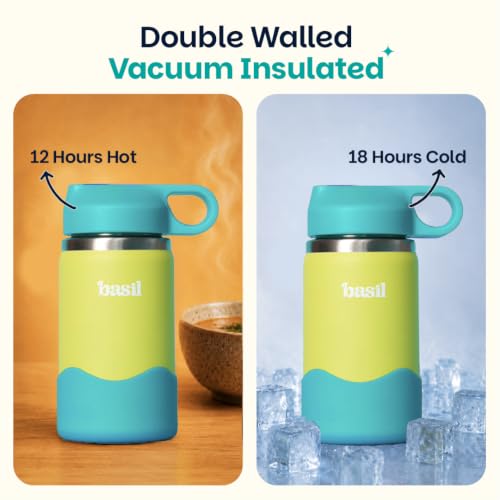 Image of Basil HydraPop Stainless Steel Insulated Kids Water Bottle for School, 380ml Leakproof Sipper Bottle with Straw, Double Wall Vacuum Thermosteel Bottle for School, Sports, Travel & Outdoor Use | Lagoon