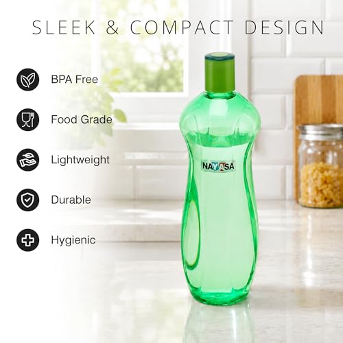 Image of Nayasa Loopy 1000 ML Pet Plastic Fridge Water Bottles Set of 6 | BPA Free | Leak Proof | Airtight Lid | Green