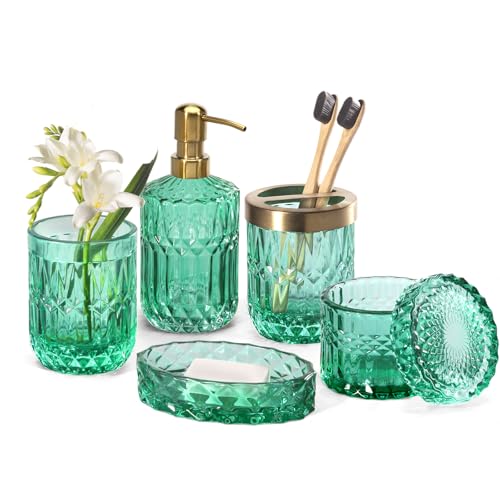 EMPO 6PCS Bathroom Clear Glass Accessories Set (Lotion Soap Dispenser, Soap Dish, Toothbrush Holder, Tumbler, Cotton Swab Jar), Contemporary Modern Decor Crystal Vintage Gift (6pcs Vintage Jade)