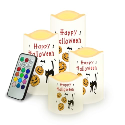 Image of Pumpkin Color Changing Flameless LED Candles Set of 4 | Battery Operated Fake Candles with Remote Control, Cat Flickering Flame Home Holiday Party Centerpiece Decor