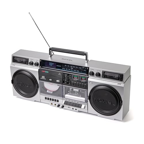 Roxel Camden Retro Cassette CD Player Boombox with DAB/FM Radio Portable Vintage Player BT 5.3 USB/TF/SD Playback Mains Power Headphone Jack Vintage Design (Silver)