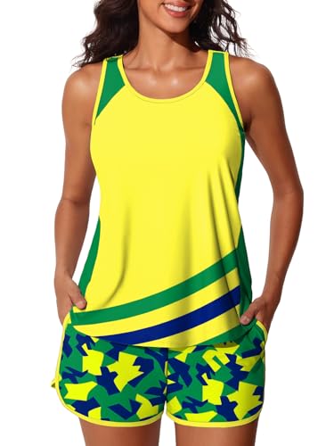 Image of Summer Mae Blouson Tankini Swimsuits for Women 2026 Tummy Control Two Piece Bathing Suits with Sporty Pockets Swim Shorts