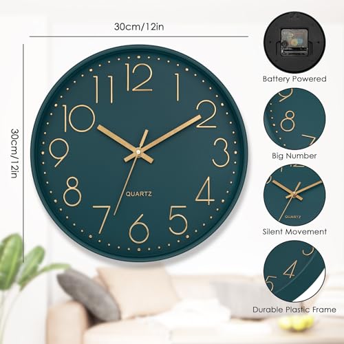 Image of Lumuasky Wall Clock,Battery Operated Modern Analog Silent Non-Ticking Decorative Emerald Clock for School Office Classroom Bedroom Kitchen Living Room Nursery Decor (12 inch)
