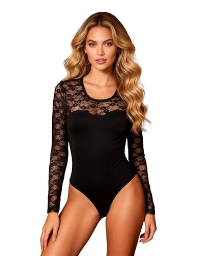 Image of ohmydear Women's Bodysuits Lace Patchwork Long Sleeve Bodysuit Stretchy Leotard Top Basic Crew Neck Going Out Plus Size Black Thong Body Suits S