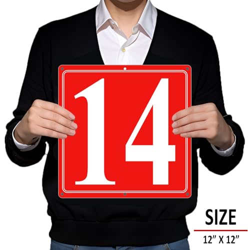 Image of Premium Aluminum Number Signs 14, Metal 12 inch X 12 inch Red Numbered Signs Outdoor for Parking Lots, Floor, Dock, Court, Aisle, Field, High Visibility, No Fade, Weather-resistant