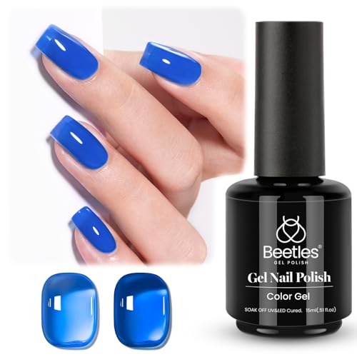 Image of Beetles Blue Gel Nail Polish, 15ML Deep Blue Jelly Gel Polish Sheer Translucent Effect Neutral Nail Polish Soak Off UV Abyssal Secrets Series French Nail Art Manicure Salon Gift for Women