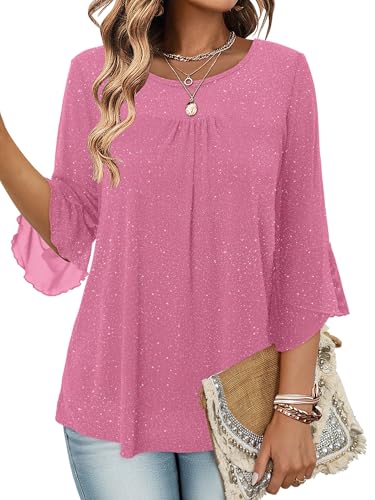 Image of KISSMODA Women's Ruffle 3/4 Sleeve Blouses Double Layers Mesh Tunic Tops Crew Neck Dressy Elegant Pleated Front Shirts for Ladies B Pink