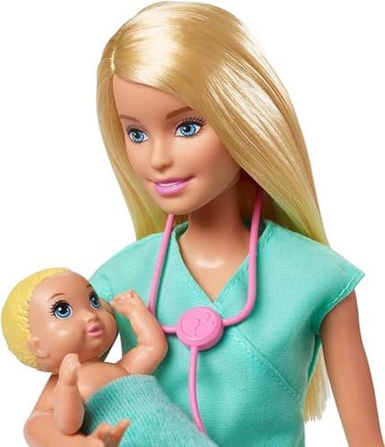 Barbie GKH23 - Zestaw do zabawy w lekarza dla dzieci z lalką blondynką, 2 lalkami niemowlętami, stołem do badania z akcesoriami, do leczenia małych pacjentów, komórką, dla dzieci od 3 lat