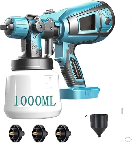 Akku Farbsprühsystem,Ersatz für Makita 18V, HVLP Farbpistole & Farbspritzpistole & Akku Lackierpistole mit 3 Düsen & 3 Sprühmuster,1000ml Farbbehälter,für Möbel,Wand,Türen,Zaun,DIY(Nur Körper)