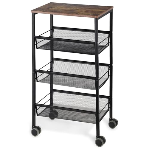 LIANTRAL Rustic Kitchen Storage Cart, 4 Tier Kitchen Cart on Wheels, Metal Mesh Storage Pantry Cart with Lockable Wheels, Wood Look Top and Metal Frame.